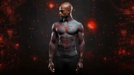 Fototapeta na wymiar Black man with glowing red human body on black background. Pain dots, muscle spasm or nerve entrapment.