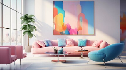Furnished Modern Living room, bright blue and pink color palette, interior design photography ::10...