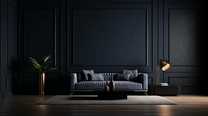 Interior design of a living room in modern style in dark tone with light on wall photography ::10 , 8k