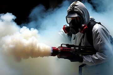Professional pest control technician in protective suit spraying poisonous gas to eliminate pests - obrazy, fototapety, plakaty