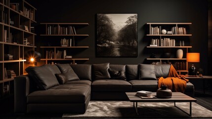 Interior design of a living room in modern style in dark tone with light on wall. photography ::10 , 8k