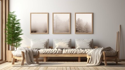 Mockup frame in interior background, room with natural wooden furniture, 3d render photography. generative ai 