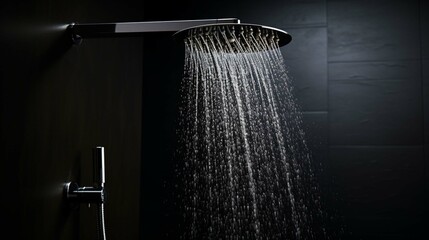 
Photograph of water flowing from a shower head in a bathroom with a dark black background. Scandinavian and modern interior design photography. generative ai  - obrazy, fototapety, plakaty