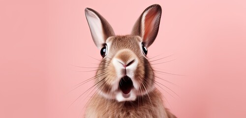 a portrait of a brown Rabbit with a surprised expression, looking into the camera isolated a pink background.