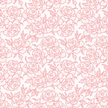 Vector Rose Flower Seamless Pattern. Flowers and Leaves. Beautiful Bouquet of Summer garden flowers. Floral Pink Background. Plants Wallpaper