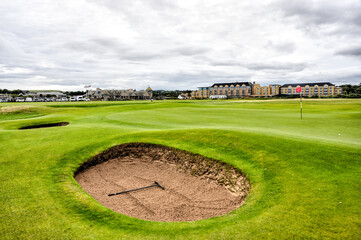 St Andrews, Scotland - September 22, 2023: The challenging sand traps on the Jubilee Golf Course, a public course in St Andrews Scotland  © Torval Mork