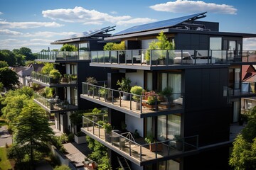 B&acirc;timent, immeuble moderne vitr&eacute; et bien arbor&eacute; par une journ&eacute;e ensoleill&eacute;e. Building, modern glazed building with plenty of trees on a sunny day.