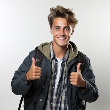 Etudiant heureux avec le sourire et les pouces lev&eacute;s. Happy student smiling with thumbs up.	
