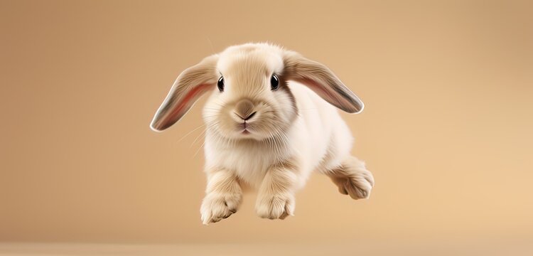 Cute white Mini Lop rabbit jumping on a brown background .