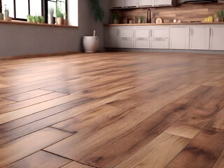 Wooden floor in the kitchen Or a kitchen decorated with wood.
