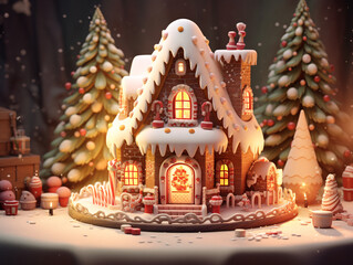 Fototapeta premium Illustration of Christmas traditional decorated gingerbread house with snow and lights, cozy New Year greeting postcard created with Generative AI technology