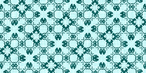 Teal green white vibrant watercolor batik azulejos tile border banner background. Seamless aqua coastal blur linen effect geometric mosaic effect.Boho Patchwork nautical masculine summer ribbon trim. 
