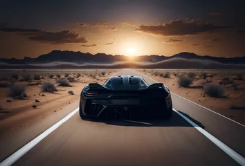 Foto op Canvas Rear view of a high-speed supercar on a dusty desert road. Black racing sport car racing through arid terrain © Gaston