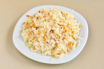 Traditional delicious Turkish food; Turkish style rice pilaf (Turkish name; Arpa sehriyeli. tavuklu, nohutlu, kavurmali, kuru fasulyeli, pirinc pilavi)