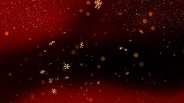 A red Christmas background with snowflakes, floating gold particles and bokeh lights.
