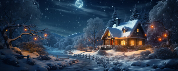 Lone house and road in winter forest at Christmas night, landscape with chalet, decorations and snow. Wide banner of cottage and trees in snowy woods. Theme of New Year holiday, nature