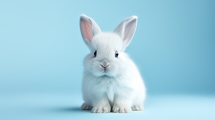 Cute white rabbit sitting on a blue background with copy space.