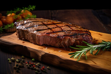 Succulent Grilled Steak on Wooden Board with Fresh Herbs