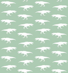 Vector seamless pattern of tyrannosaurus rex dinosaur silhouette isolated on green background