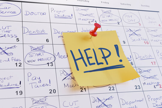 Very busy calendar with many notes and sticky note with help. 