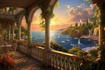 Fototapeten Stunning coastal scenery. Charming villa, balcony, ocean vista, yachts, sunset, floral arches, vines. 3D art. Generative AI © Lirien