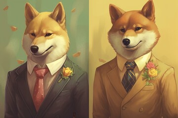 amazing change of doge from formal attire to joy. Generative AI