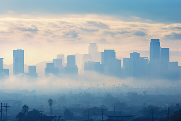 Urban smog blanket. Hazy, smog-blanketed skyline of a metropolis, with the diffused sunlight struggling to penetrate the dense pollution, symbolizing the environmental toll of urban development