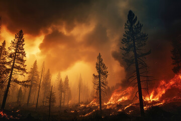 Forest fire impact on greenhouse gas emissions. Ominous orange glow of a forest fire, engulfing the landscape in smoke, signaling the destructive loop between climate change and fire frequency