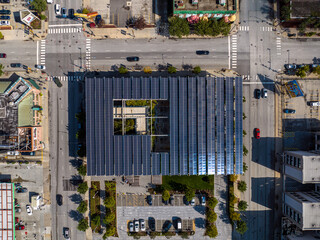 Aerial view of solar panels on roof of fast food restaurant in Chicago, Illinois, USA. September,...