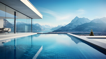 beautiful villa, large pool view, luxury estate villa, banner summer, tourism, copyspace,, asthetic architecture
