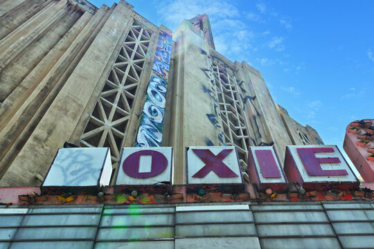 LOS ANGELES, CALIFORNIA - 17 MAY 2023: Sign at the now defunct Roxie Theatre on Broadway in Downtown LA.
