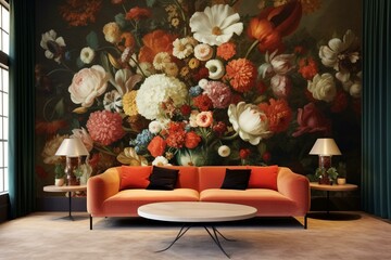 Flower bouquet, artistic living room mural design. Generative AI