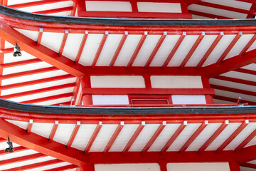 A close up to a red five-story pagoda at the Arakurayama Sengen Park from Fujiyoshida, Yamanashi...
