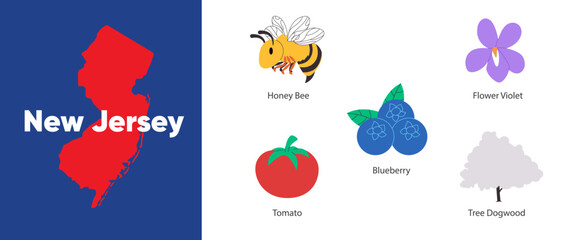 New Jersey states with symbol icon of northern highbush blueberry tomato violet flower dogwood tree and honey bee illustration