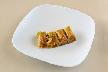 Turkish Dessert Sobiyet  Baklava, mussels baklava and classic baklava with Pistachio . Cevizli, Fistikli Baklava, top view.
