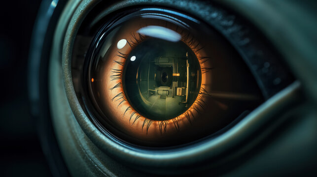 Close-up of a robotic eye with intricate detailing.