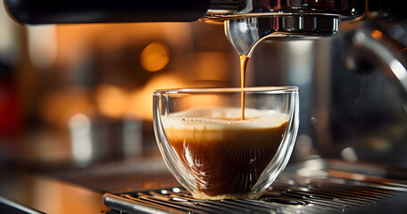 making coffee, espresso pouring, machine prepares coffee, aromatic espresso, barista cafe restaurant, Making fresh cappuccino, close-up view