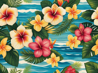 Fototapeta na wymiar Celebrate the vibrant spirit of the Aloha State with a colorful and whimsical pattern that captures the essence of Hawaii, from the lush green foliage to the bright blue waters and vibrant sunsets