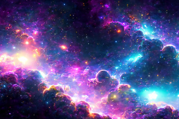 Dichte Wolken aus bunten kräftig leuchtenden Galaxien aus Sternen und Planeten in einem dunklen unendlich weiten Universum. Hintergrund und Vorlage für Technik, Astronomie, Wissenschaft und Forschung. - obrazy, fototapety, plakaty