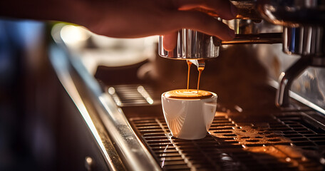 Fototapeta na wymiar making coffee, espresso pouring, machine prepares coffee, aromatic espresso, barista cafe restaurant, Making fresh cappuccino, close-up view