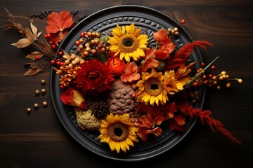Floral platter of autumn elements. Space for text. Generative AI