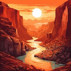Highly detailed and colorful Illustration of a canyon at sunset with the sun in the centre and red hue setting on the cliffs - obrazy, fototapety, plakaty