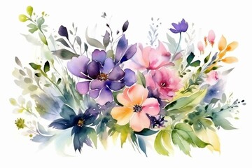 Hand-painted watercolor bouquet of spring meadow flowers, isolated on white. Floral poster for design/print background. Generative AI