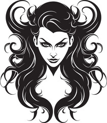 Sensual Allure Black Logo Design with Enigmatic Demon Icon of Seduction Beautiful Female Demon in Black Vector