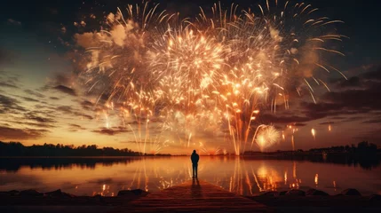 Tuinposter fireworks on the river © Josue