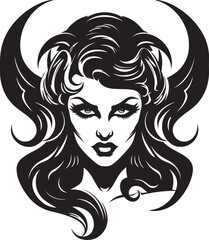 Icon of Seduction Beautiful Female Demon in Black Vector Sultry Temptress Black Demon Emblem Mastery