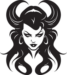 Dark Enigma Unveiled Seductive Beauty Emblem in Black Iconic Demon Elegance Beautiful Female Demon Logo
