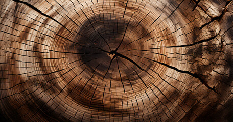 Detailed close-up of tree rings on a cross-section of a tree trunk, showcasing the natural patterns and history of the tree's growth.