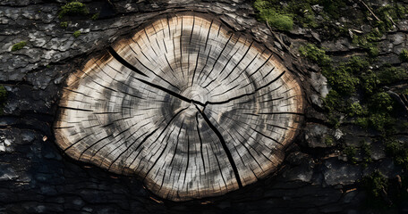 Detailed close-up of tree rings on a cross-section of a tree trunk, showcasing the natural patterns and history of the tree's growth.