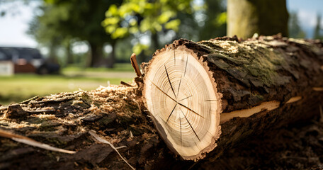  Freshly cut log with visible tree rings and sawdust, highlighting the intricate patterns and...